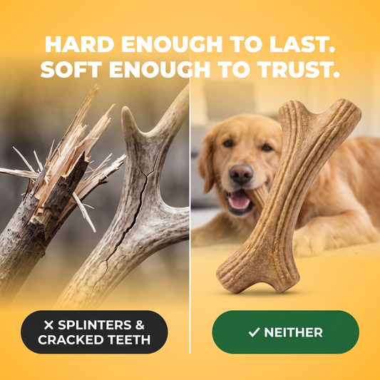 TimberAntler wood-fiber antler chew vs splintering stick and cracked antler. Hard enough to last, soft enough to trust.