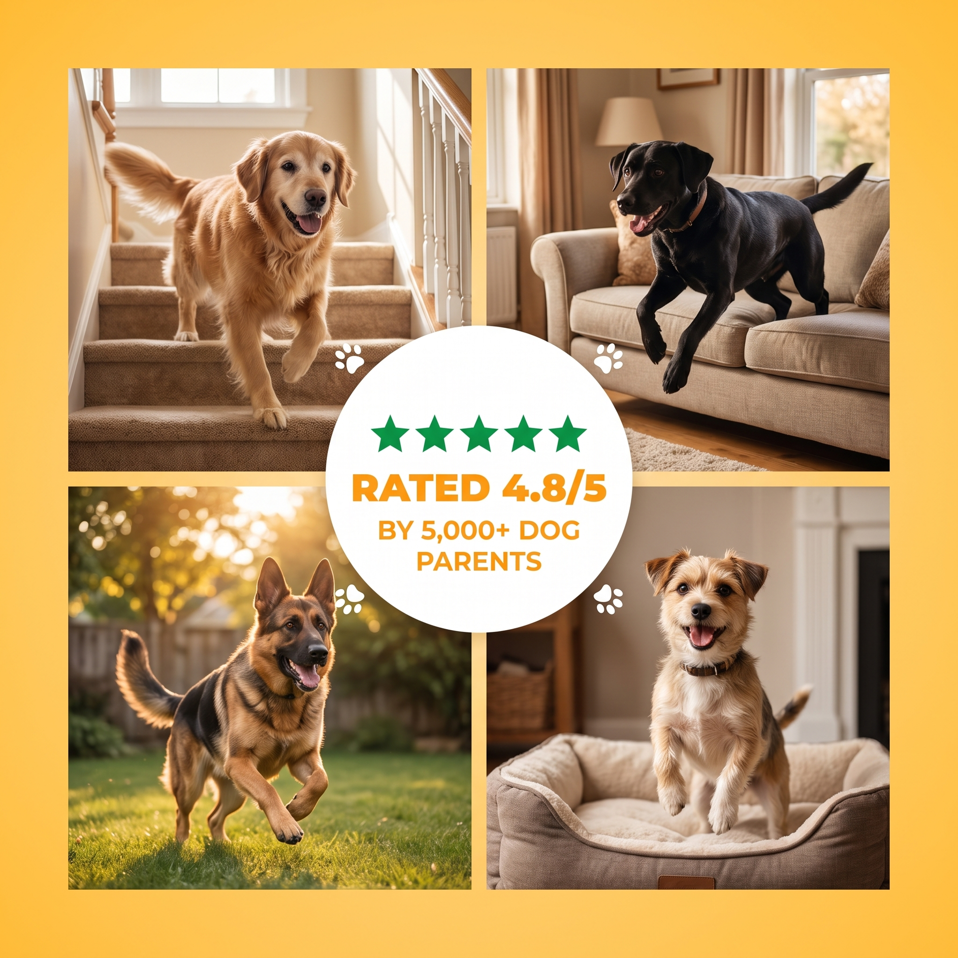 Rated 4.8/5 by 5,000+ dog parents. Dogs moving freely on stairs, couch and backyard.
