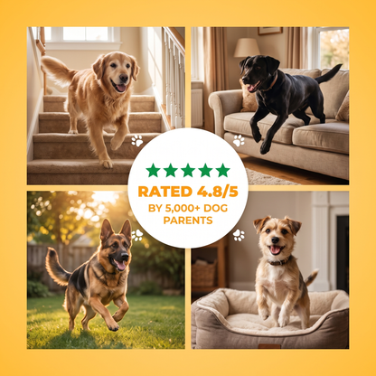 Rated 4.8/5 by 5,000+ dog parents. Dogs moving freely on stairs, couch and backyard.