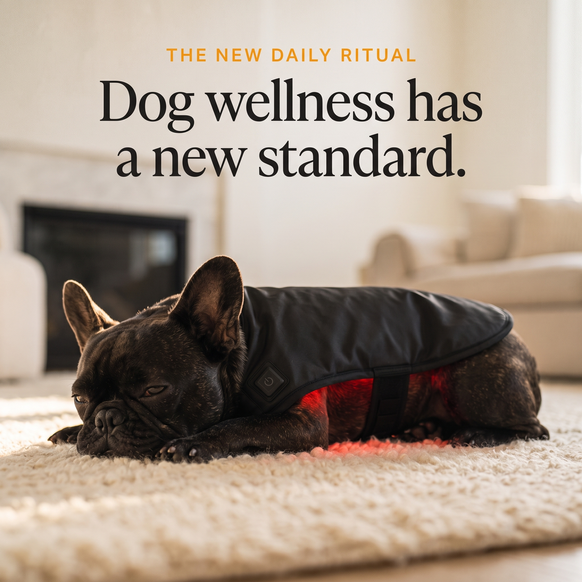 French Bulldog resting on a rug wearing the RedPaw red light wrap: the new daily ritual, dog wellness has a new standard