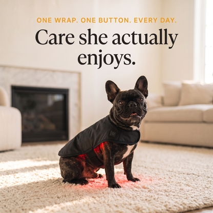 French Bulldog sitting happily on a rug wearing the RedPaw red light wrap: one wrap, one button, every day. Care she actually enjoys.