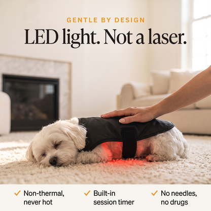 Maltese sleeping in the RedPaw wrap, gentle LED light, not a laser
