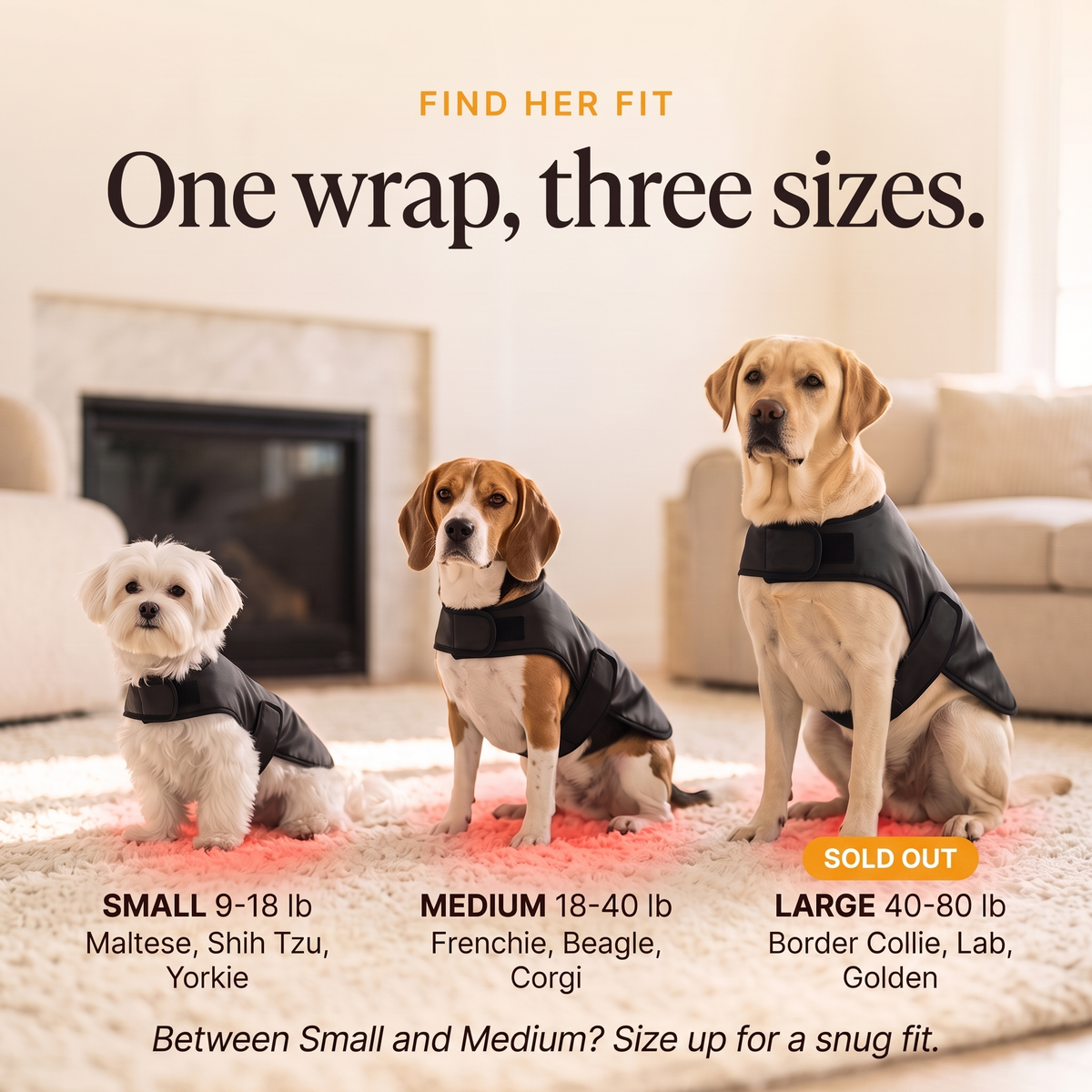 RedPaw size guide: Small 9-18 lb Maltese, Shih Tzu, Yorkie. Medium 18-40 lb Frenchie, Beagle, Corgi. Large 40-80 lb Border Collie, Lab, Golden, sold out. Between Small and Medium, size up.