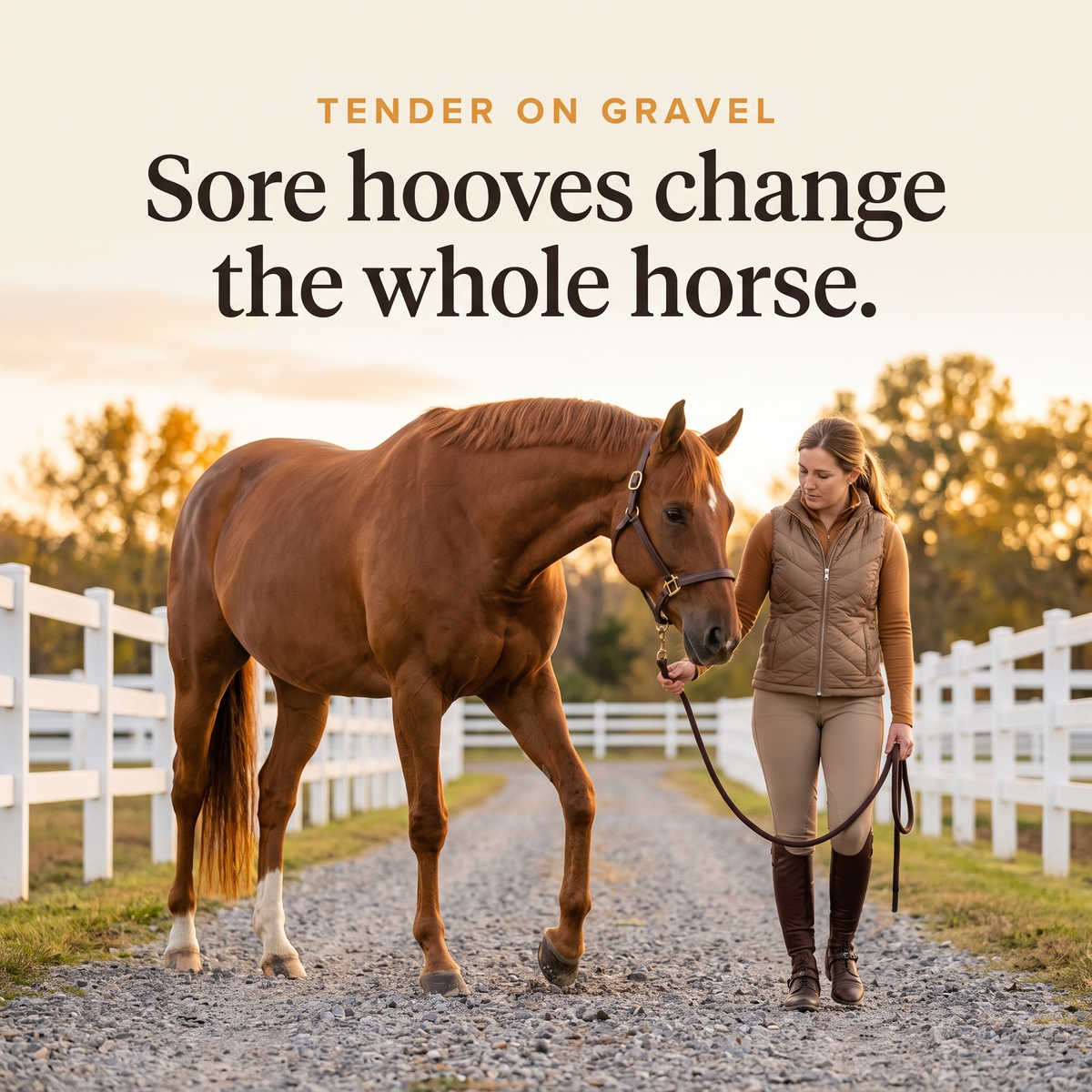 Chestnut horse stepping carefully on a gravel lane while its owner watches the hoof