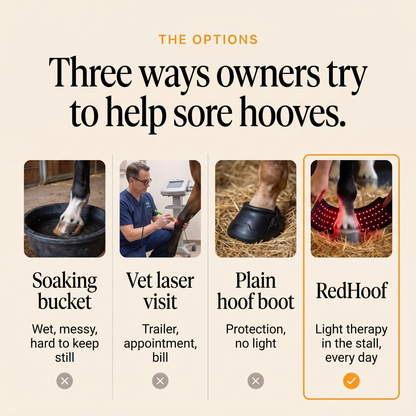 Comparison of soaking bucket, vet laser visit and plain hoof boot with the RedHoof hoof wrap