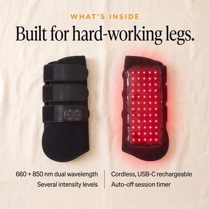 RedHoof tendon boot outside with three straps and inside with glowing red LEDs