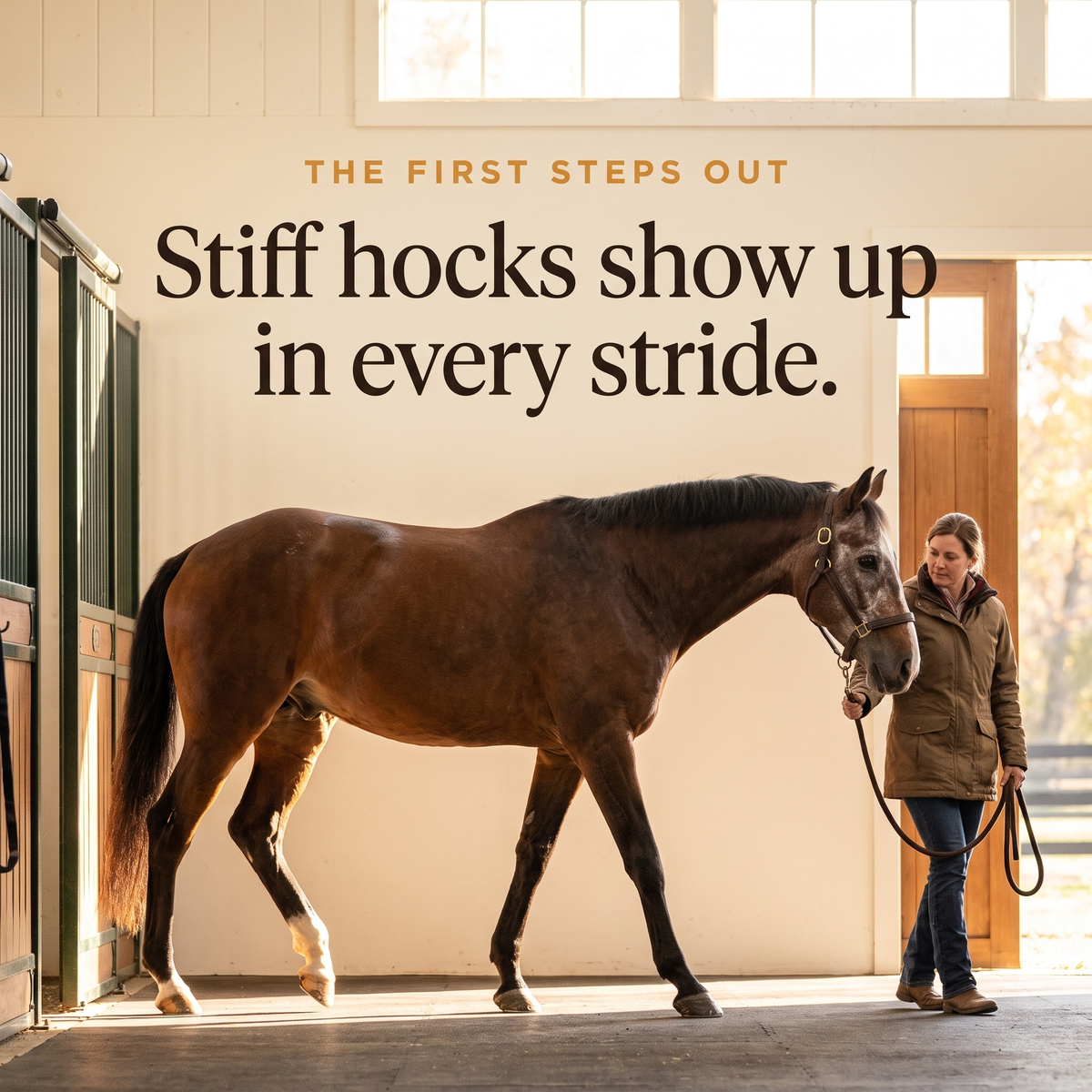 Older bay horse taking stiff first steps out of its stall while the owner watches