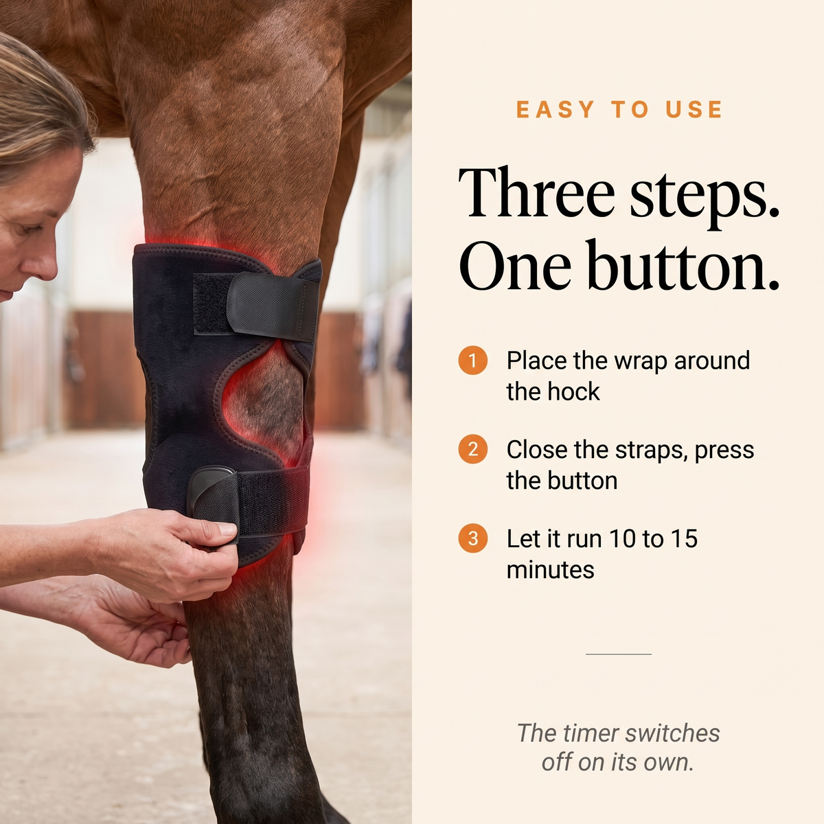 Woman fastening the RedHoof hock wrap on a horse hock with three easy steps