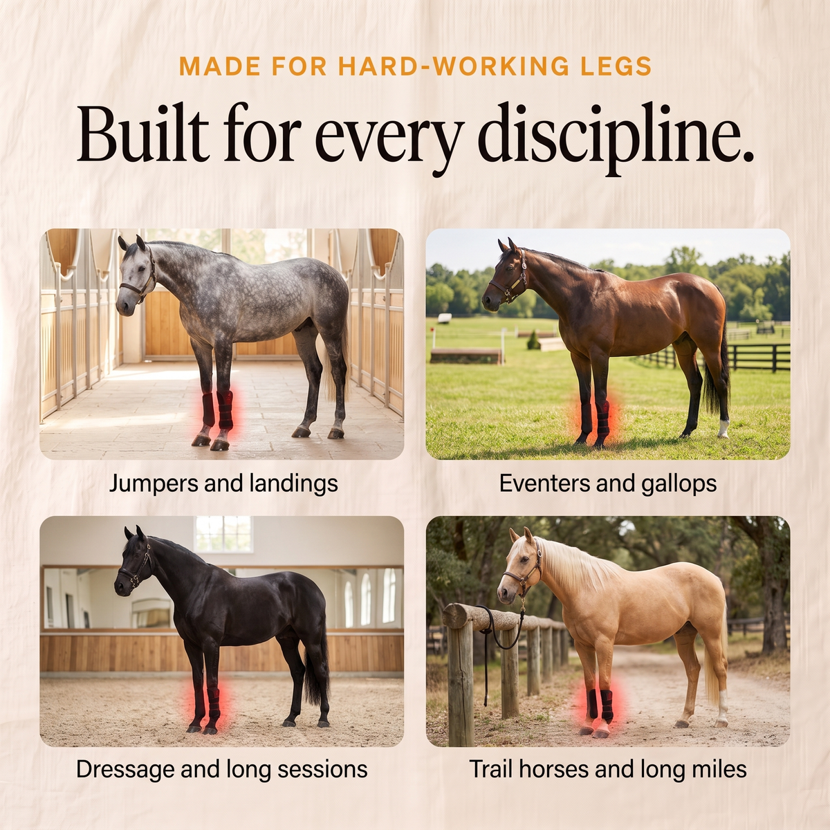 Jumper, eventer, dressage and trail horses wearing the RedHoof tendon boot