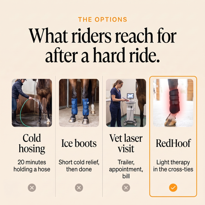 Comparison of cold hosing, ice boots and vet laser visit with the RedHoof tendon boot