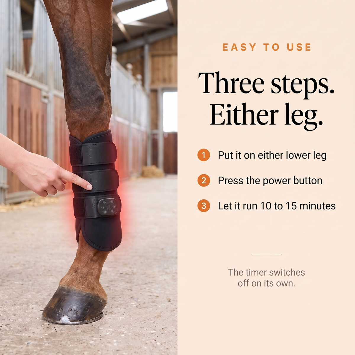 Hand pressing the control unit of the RedHoof tendon boot with three easy steps