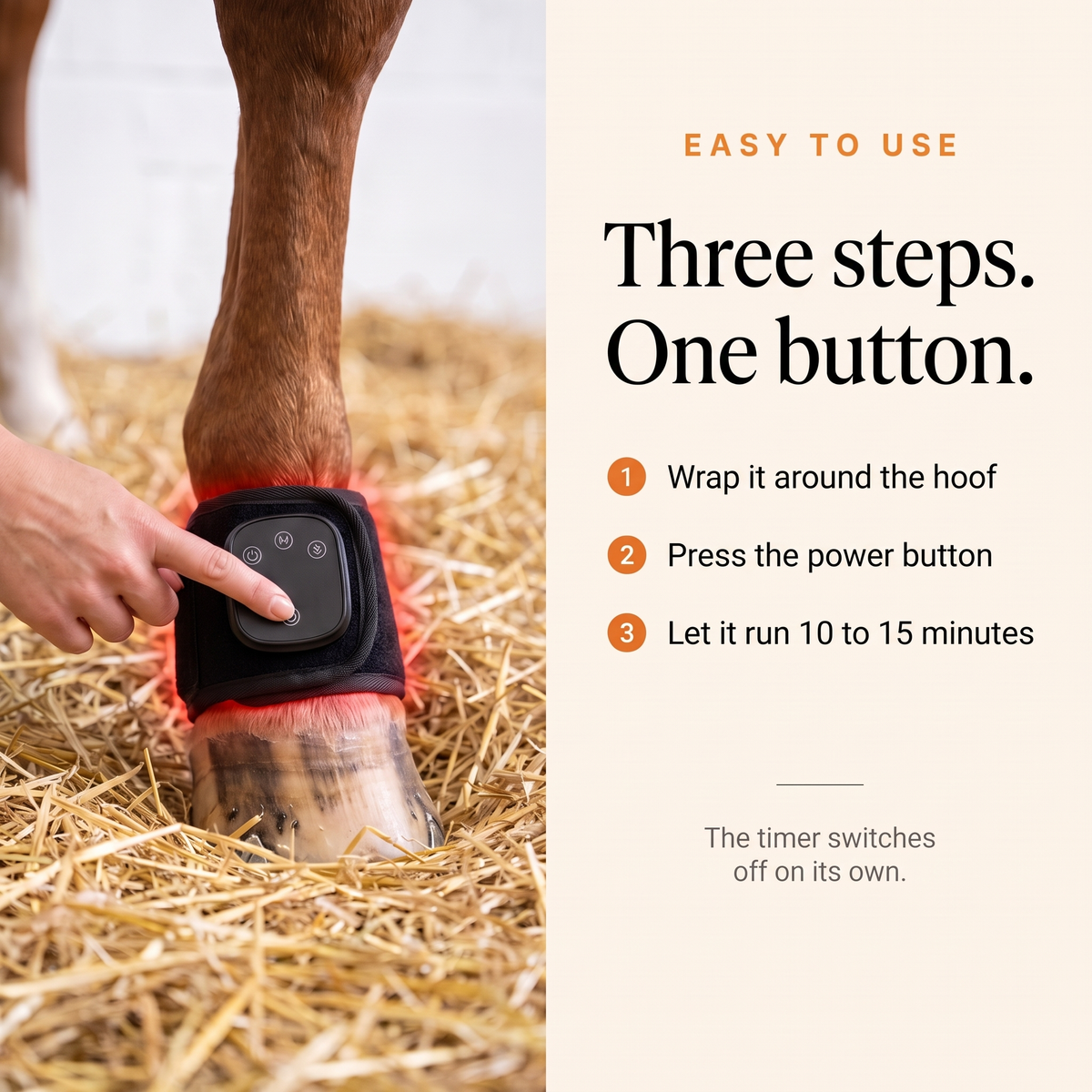 Hand pressing the power button of the RedHoof hoof wrap with three easy steps