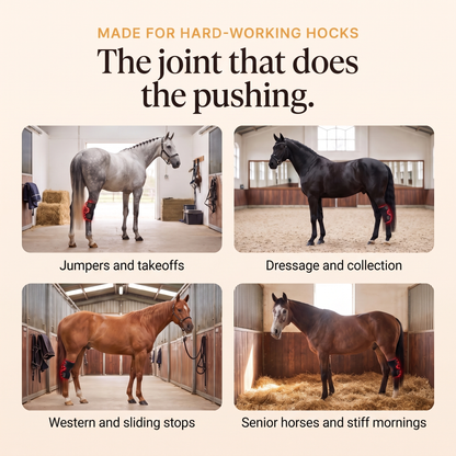 Jumper, dressage, western and senior horses wearing the RedHoof hock wrap