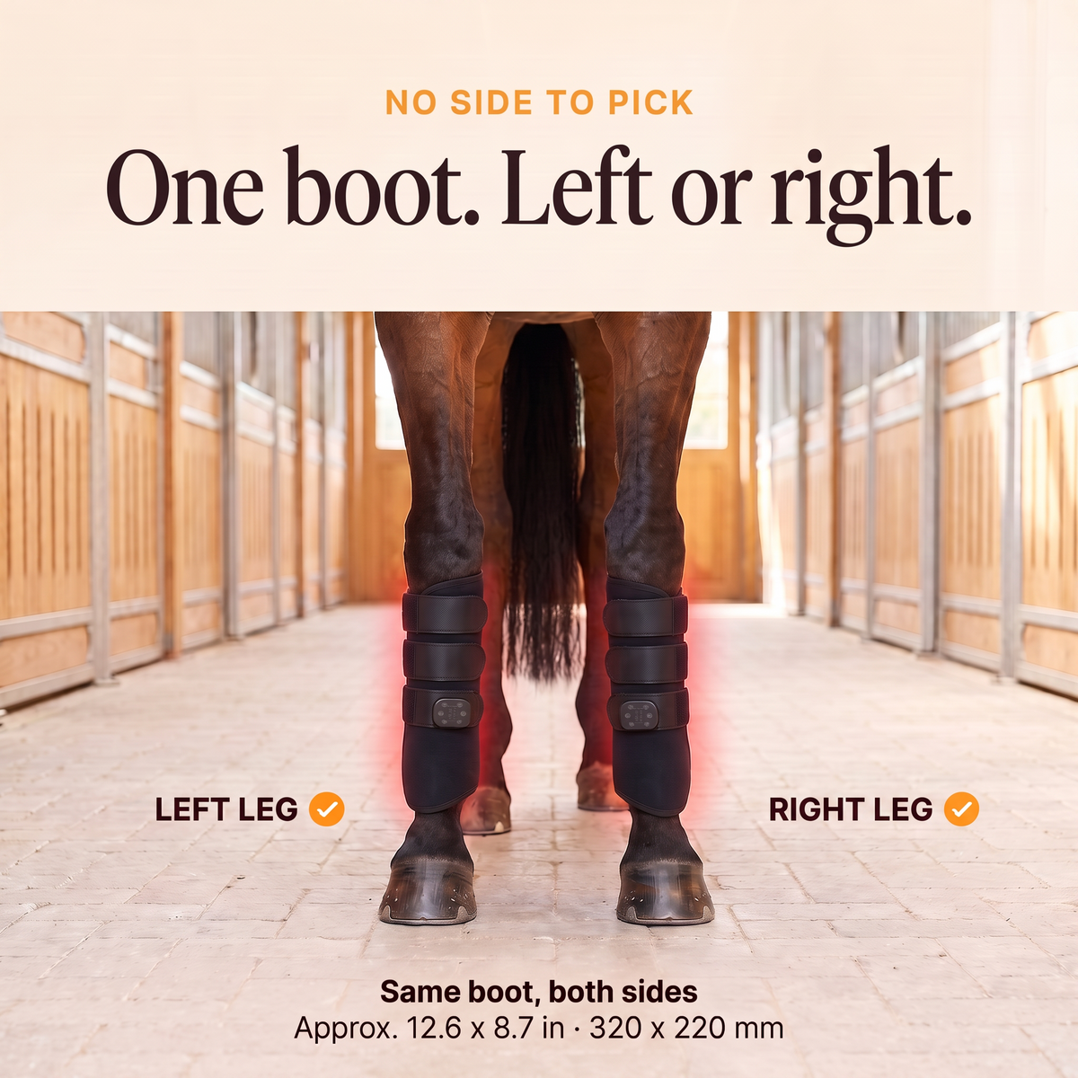 Same RedHoof tendon boot on the left and right leg, size 12.6 by 8.7 inches