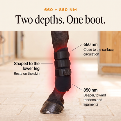 RedHoof tendon boot on a horse leg with callouts for 660 nm and 850 nm light
