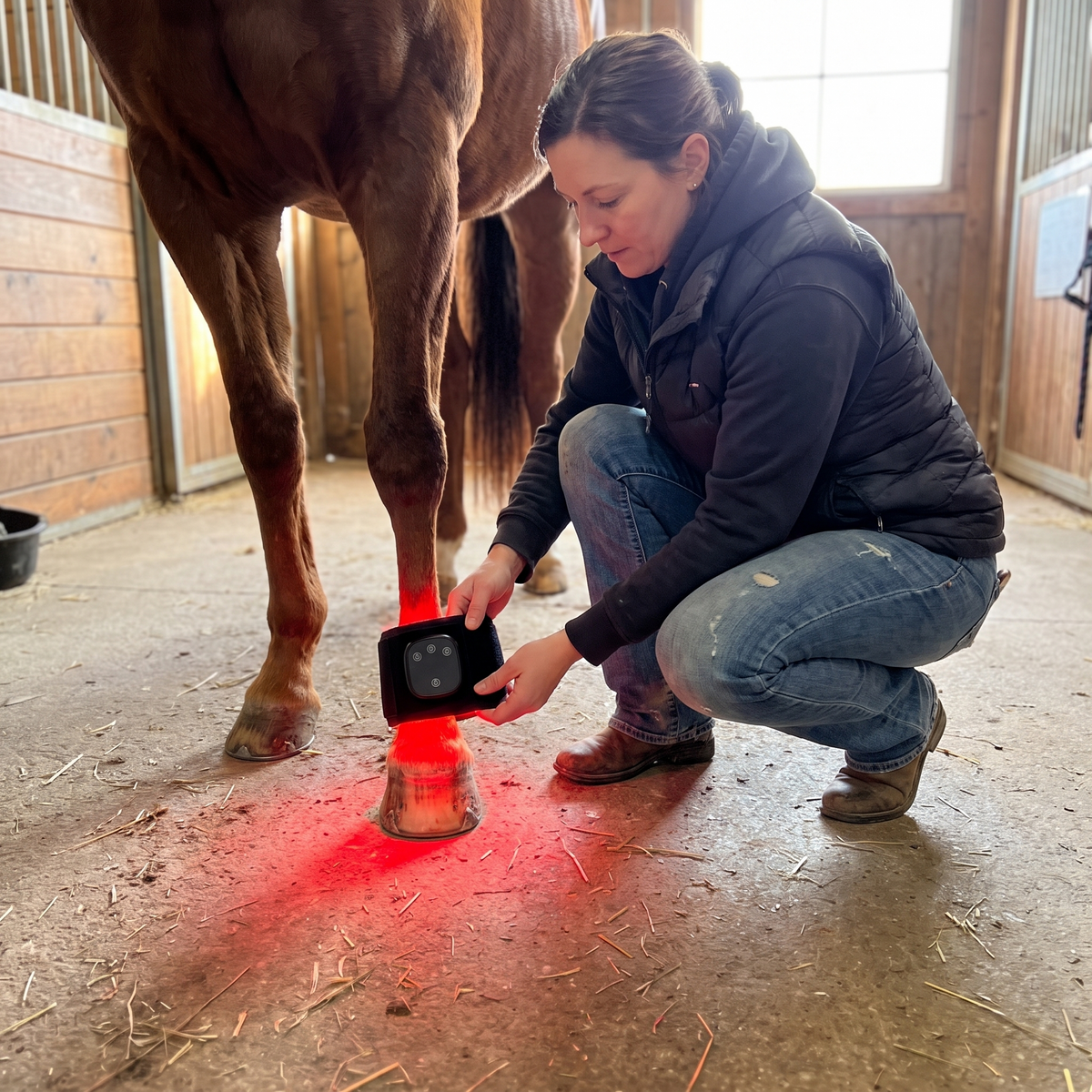 Horse owner using the RedHoof hoof wrap on her chestnut horse in the barn aisle