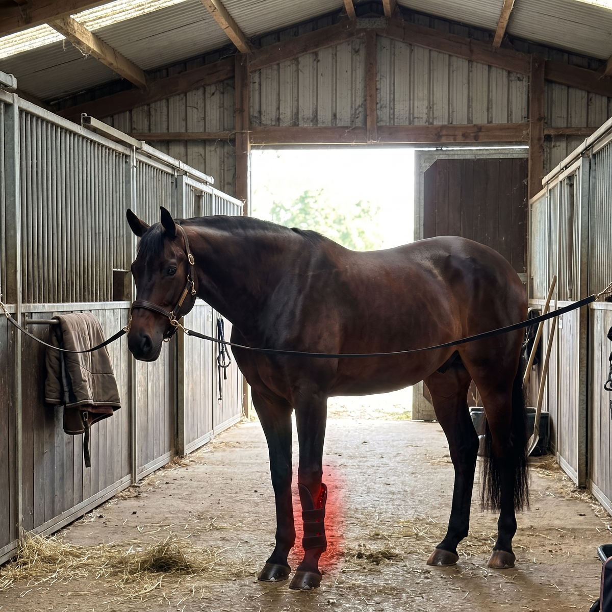 Dark bay horse tied in a barn aisle wearing the RedHoof tendon boot on a front leg