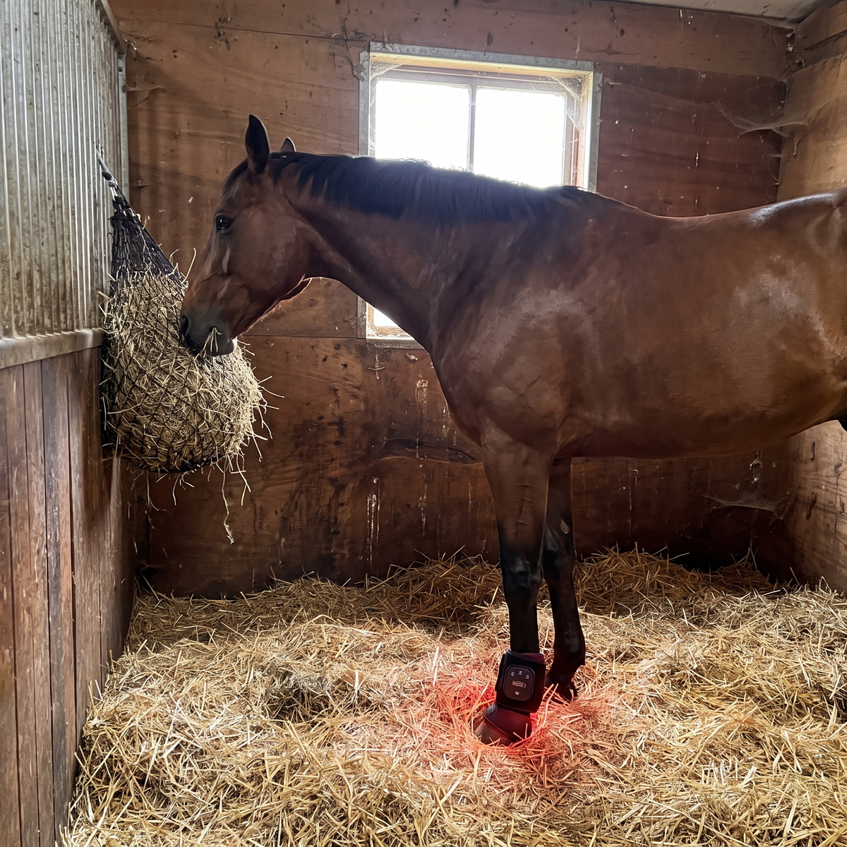 Bay horse eating hay in its stall with the RedHoof hoof wrap glowing on a front hoof