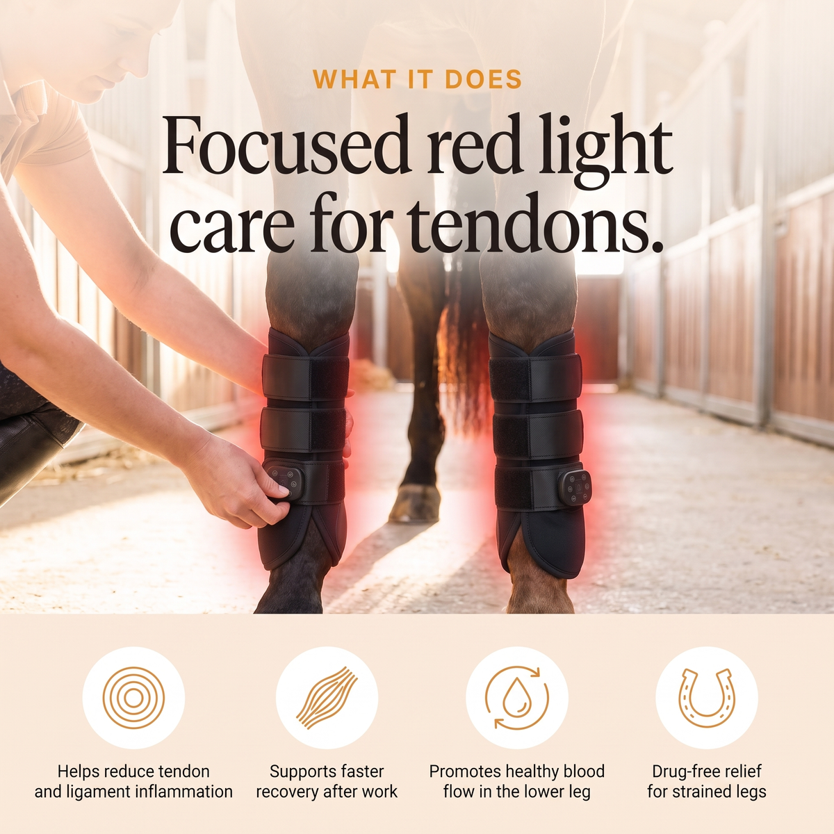 RedHoof tendon boots on both legs, helps reduce tendon and ligament inflammation, faster recovery, healthy blood flow, drug-free relief
