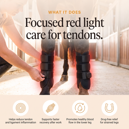 RedHoof tendon boots on both legs, helps reduce tendon and ligament inflammation, faster recovery, healthy blood flow, drug-free relief