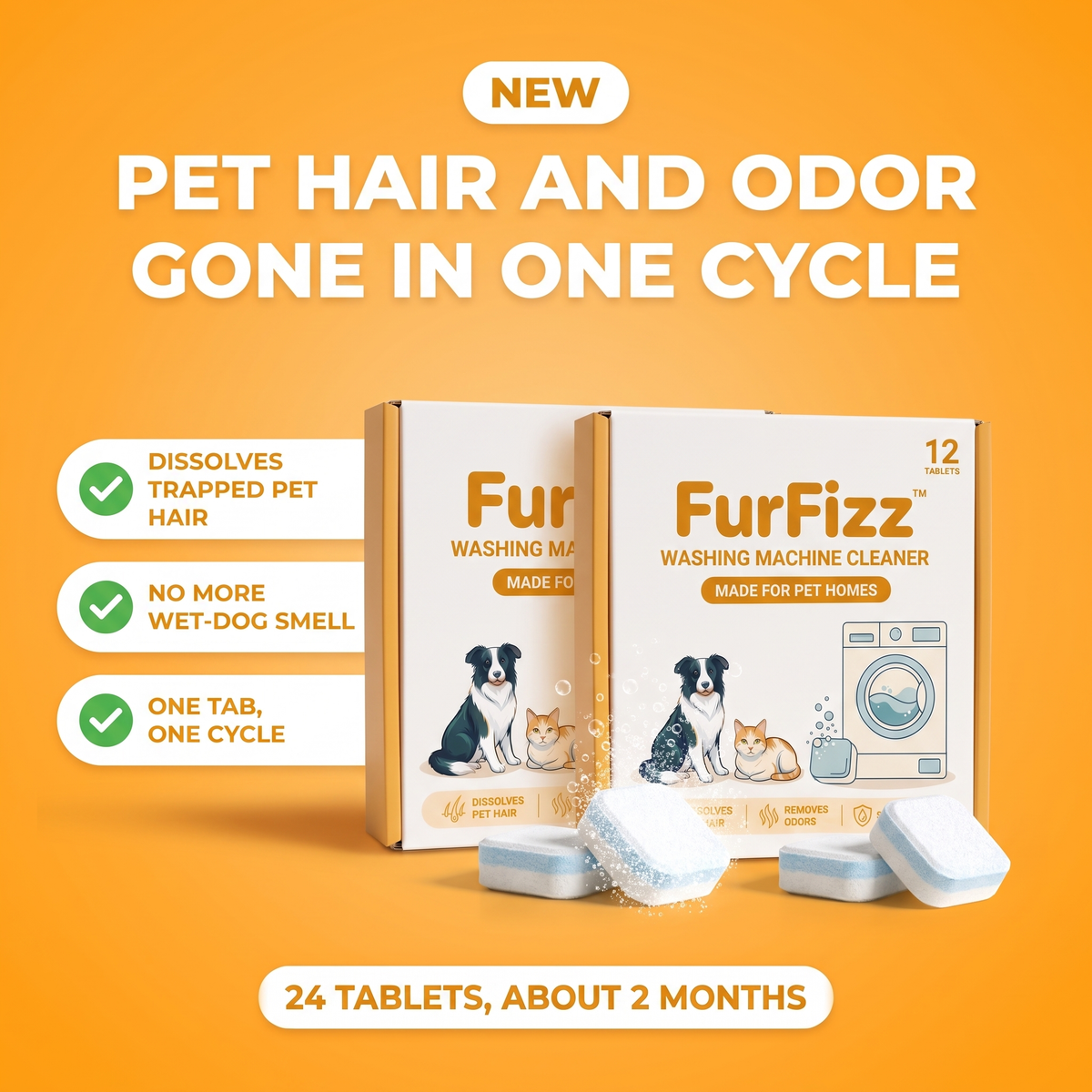 FurFizz washing machine cleaner for pet homes, two boxes of 12 tablets: dissolves trapped pet hair and removes wet-dog smell in one cycle, 24 tablets last about 2 months