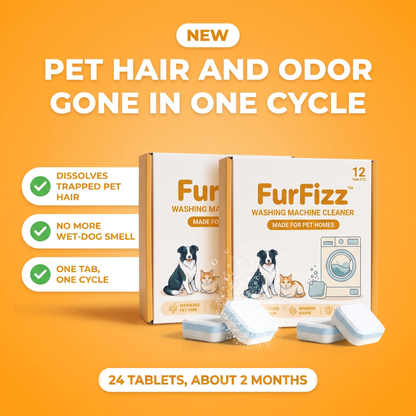 FurFizz washing machine cleaner for pet homes, two boxes of 12 tablets: dissolves trapped pet hair and removes wet-dog smell in one cycle, 24 tablets last about 2 months