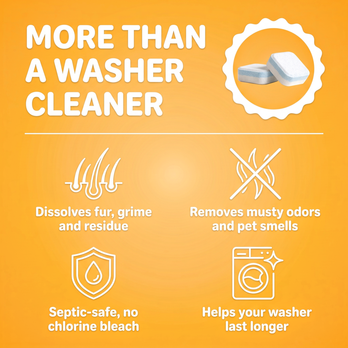 FurFizz is more than a washer cleaner: dissolves fur, removes odors, septic-safe, helps your washer last longer