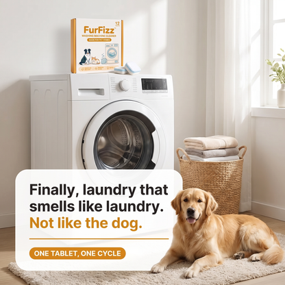 Golden retriever resting in front of a clean front-loading washer with a FurFizz box on top