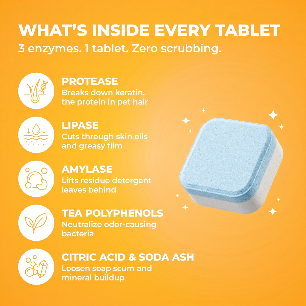 What's inside every FurFizz tablet: protease, lipase, amylase, tea polyphenols, citric acid and soda ash