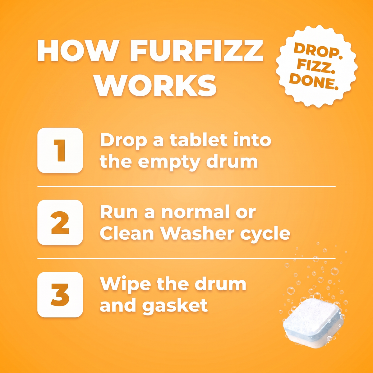 How FurFizz works: drop a tablet into the empty drum, run a normal or Clean Washer cycle, wipe the drum and gasket