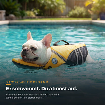 Französische Bulldogge treibt entspannt im Pool mit der gelben AquaPaw Hundeschwimmweste, Überschrift: Er schwimmt. Du atmest durch.
