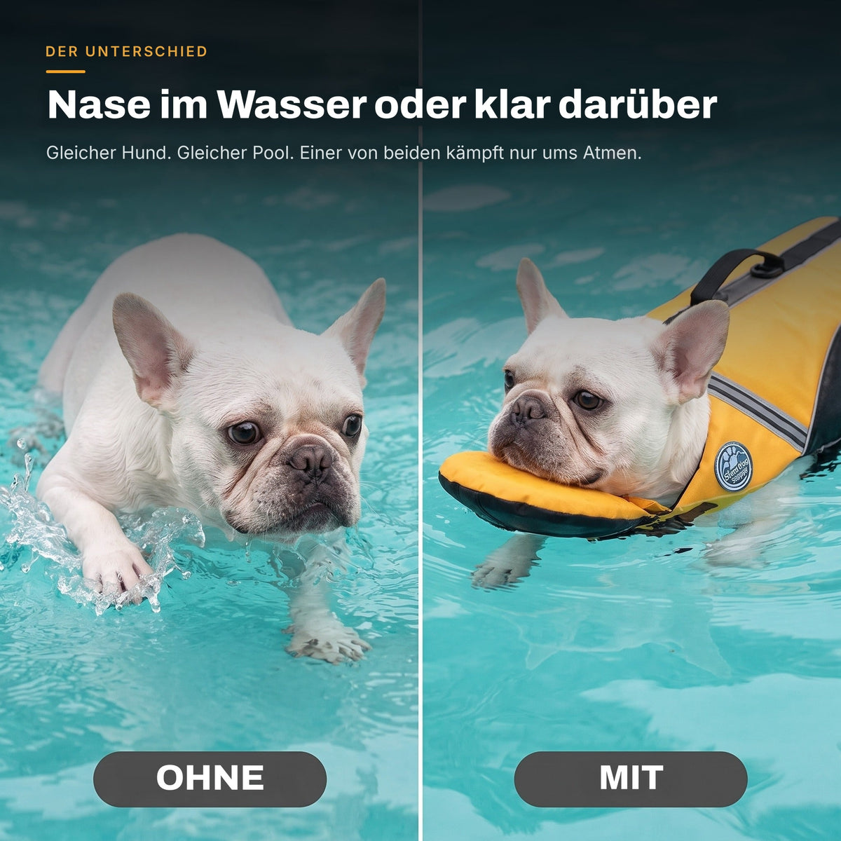 Vergleich: Französische Bulldogge schwimmt mit der Nase an der Wasserlinie und mit der AquaPaw Schwimmweste, die ihren Kopf über Wasser hält