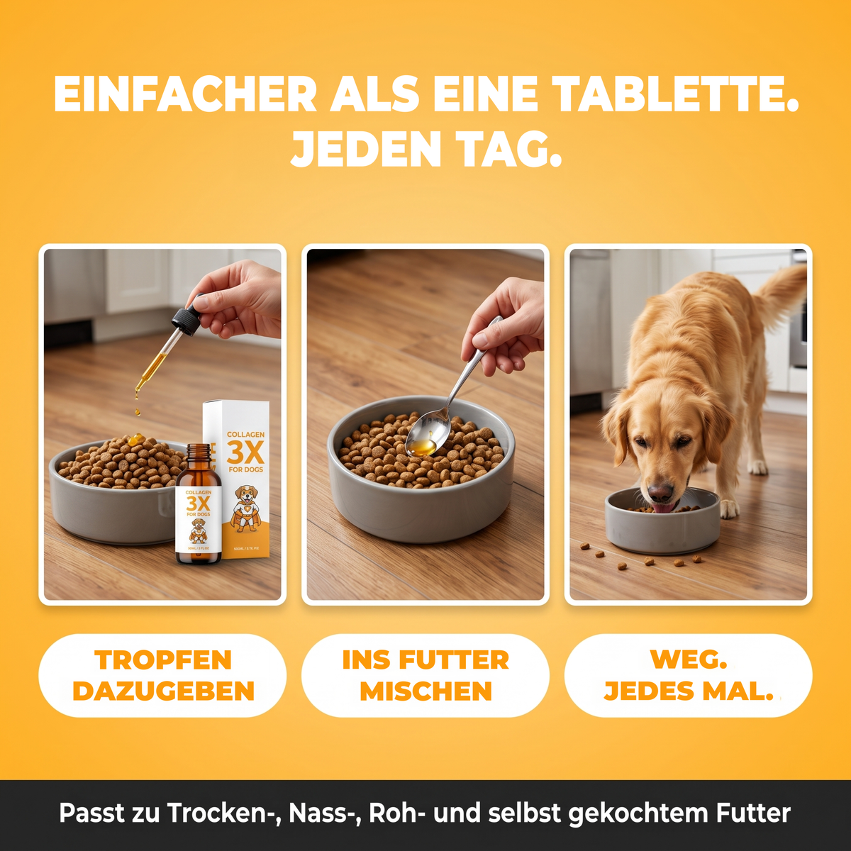 Einfacher als eine Tablette: die täglichen Tropfen ins Futter geben, untermischen, jedes Mal leer gefressen. Passt zu Trocken-, Nass-, Roh- oder selbst gekochtem Futter.