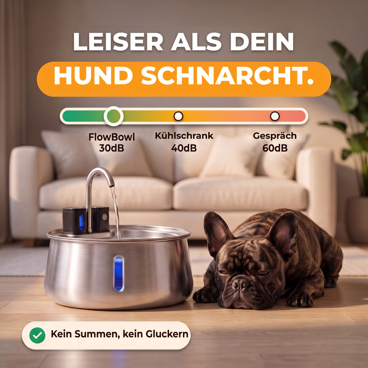 Leiser als das Schnarchen deines Hundes: kabelloser FlowBowl Trinkbrunnen mit 30 dB neben einer ruhenden Französischen Bulldogge, im Vergleich zu einem Kühlschrank mit 40 dB und einem Gespräch mit 60 dB. Kein Brummen, kein Gluckern