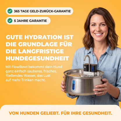 Richtig trinken ist die Grundlage für die langfristige Gesundheit deines Hundes: Frau hält den kabellosen FlowBowl Trinkbrunnen, 365 Tage Garantie und 5 Jahre Gewährleistung