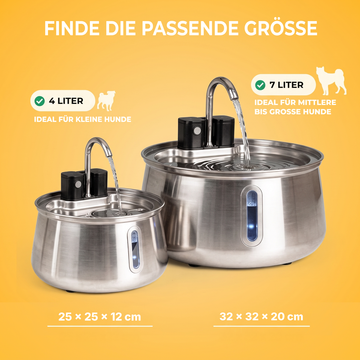 FlowBowl kabellos in zwei Größen: 4 Liter für kleine Hunde (25 x 25 x 12 cm), 7 Liter für mittelgroße bis große Hunde (32 x 32 x 20 cm)