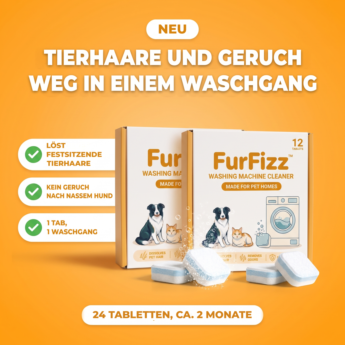 FurFizz Waschmaschinenreiniger für Haushalte mit Tieren, zwei Packungen mit je 12 Tabs: löst festsitzende Tierhaare und entfernt nassen Hundegeruch in einem Waschgang, 24 Tabs reichen etwa 2 Monate