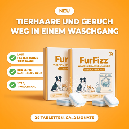 FurFizz Waschmaschinenreiniger für Haushalte mit Tieren, zwei Packungen mit je 12 Tabs: löst festsitzende Tierhaare und entfernt nassen Hundegeruch in einem Waschgang, 24 Tabs reichen etwa 2 Monate