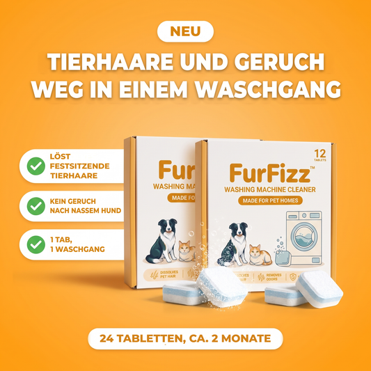 FurFizz Waschmaschinenreiniger für Haushalte mit Tieren, zwei Packungen mit je 12 Tabs: löst festsitzende Tierhaare und entfernt nassen Hundegeruch in einem Waschgang, 24 Tabs reichen etwa 2 Monate