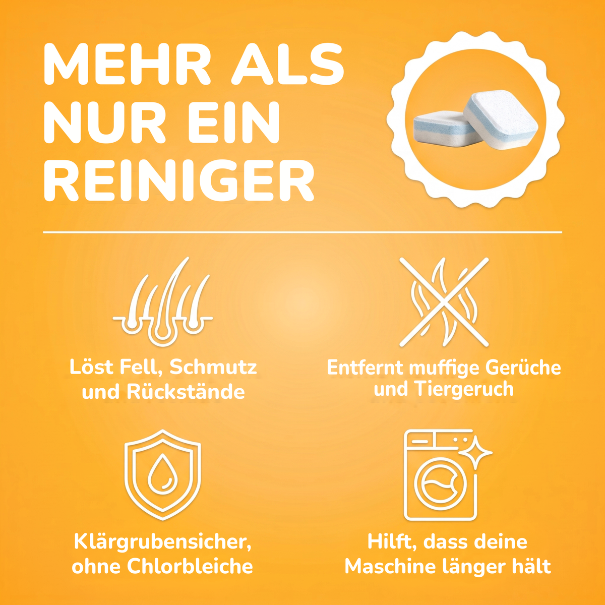 FurFizz ist mehr als ein Waschmaschinenreiniger: löst Fell, beseitigt Gerüche, für Klärgruben geeignet, hilft deiner Waschmaschine, länger zu halten