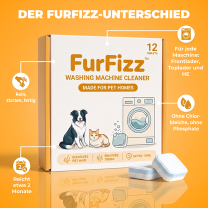 Der FurFizz Unterschied: funktioniert in jeder Waschmaschine, ohne Chlorbleiche und Phosphate, eine Packung reicht etwa 2 Monate