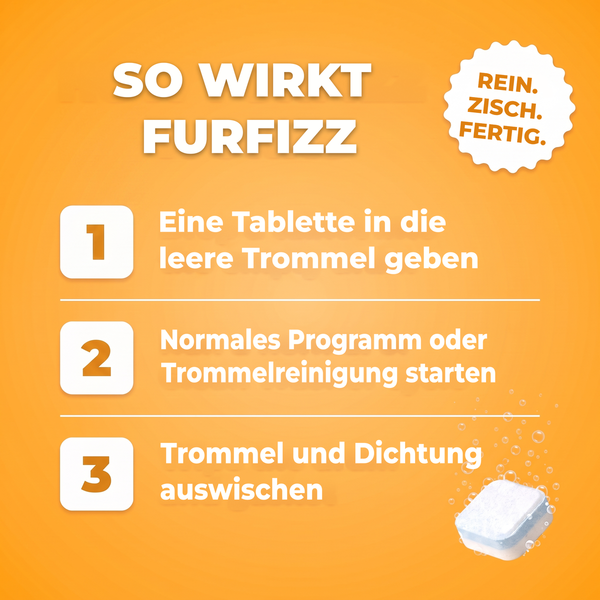 So funktioniert FurFizz: einen Tab in die leere Trommel legen, ein normales Programm oder ein Reinigungsprogramm starten, Trommel und Dichtung abwischen