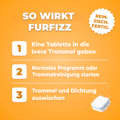 So funktioniert FurFizz: einen Tab in die leere Trommel legen, ein normales Programm oder ein Reinigungsprogramm starten, Trommel und Dichtung abwischen