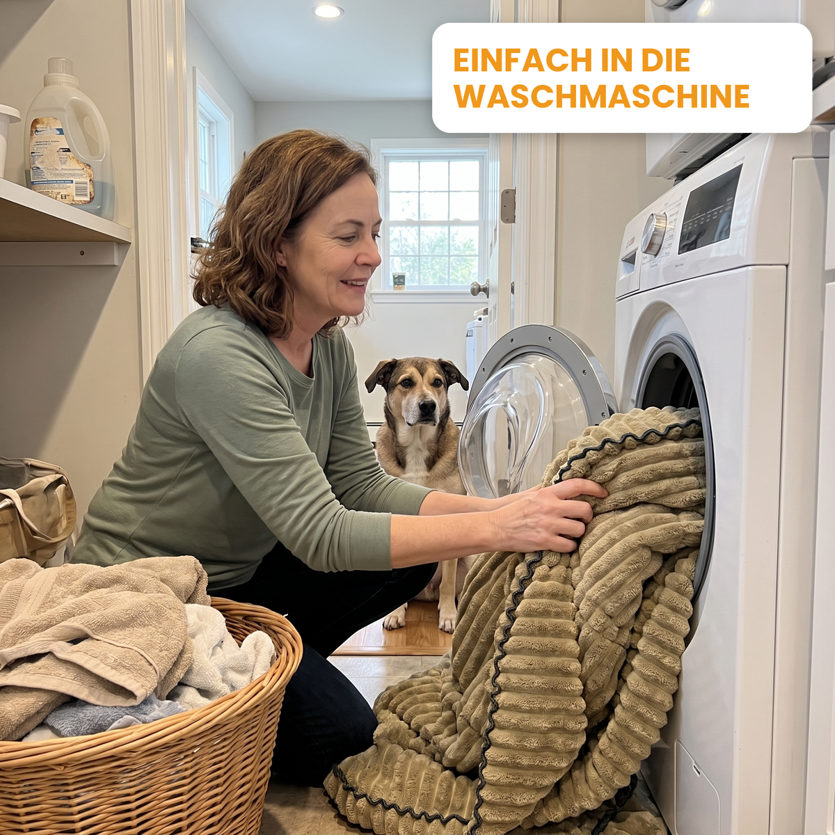Frau legt den khakifarbenen FurGuard Sofabezug in eine Frontlader-Waschmaschine, ihr Hund schaut zu. Waschmaschinenfest und unkompliziert
