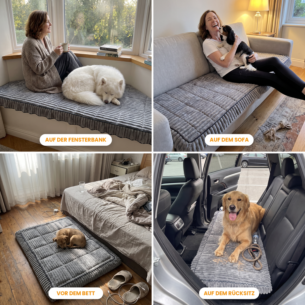 FurGuard Einsatzmöglichkeiten: Fensterbankkissen mit Samojede, Sofabezug mit Cavalier Spaniel, Bettvorleger mit Welpe, Autositzbezug mit Golden Retriever