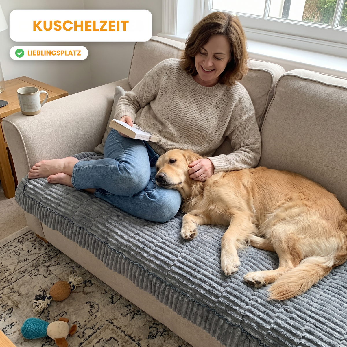 Frau liest auf dem Sofa, ihr Golden Retriever legt den Kopf auf ihren Schoß, beide auf dem grauen FurGuard Sofabezug. Kuscheln auf dem Sofa, von Tieren geprüft