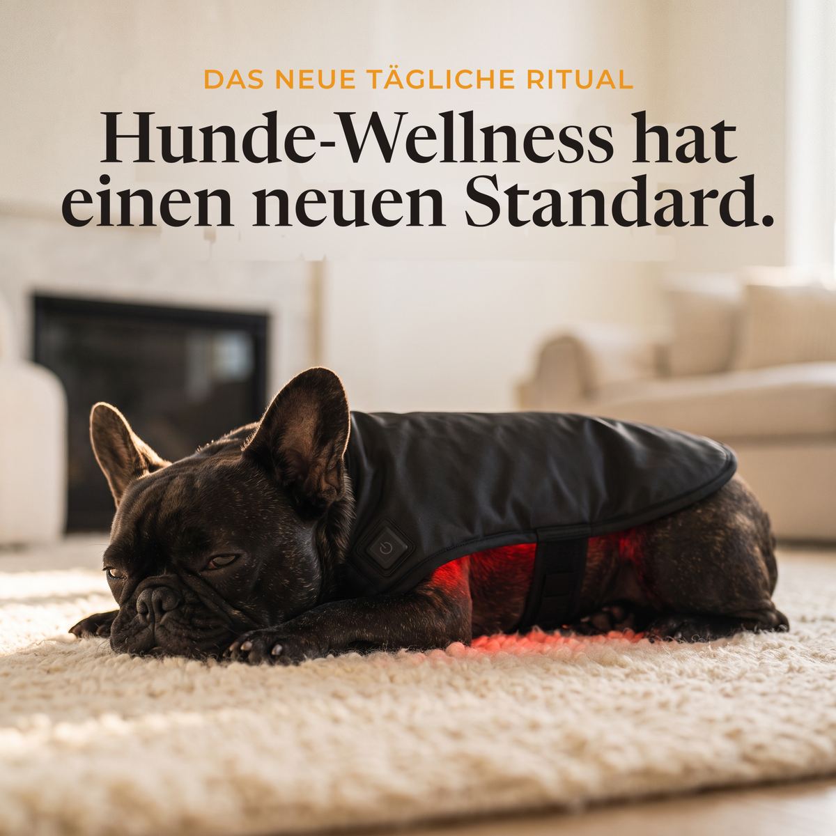Französische Bulldogge ruht auf einem Teppich mit dem RedPaw Rotlicht-Wrap: das neue tägliche Ritual, ein neuer Standard für Hundewohlbefinden