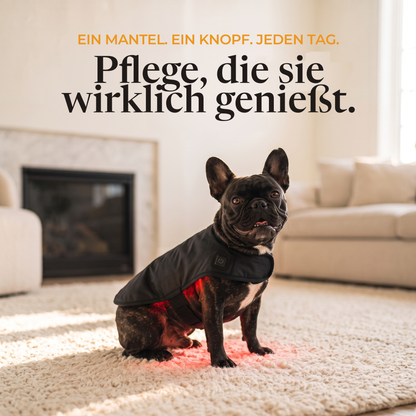 Französische Bulldogge sitzt glücklich auf einem Teppich mit dem RedPaw Rotlicht-Wrap: ein Wrap, ein Knopf, jeden Tag. Pflege, die sie wirklich genießt.