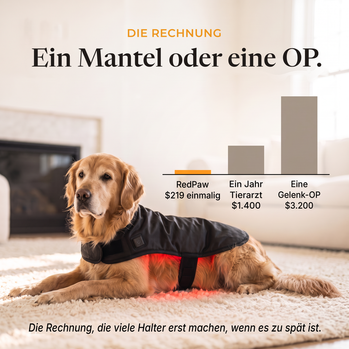 Golden Retriever im RedPaw Wrap, Kosten von RedPaw im Vergleich zu Tierarztbesuchen und Operation