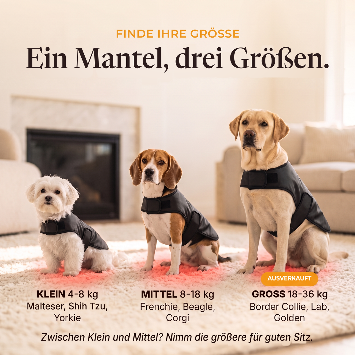 RedPaw Größen: Small 4 bis 8 kg Malteser, Shih Tzu, Yorkie. Medium 8 bis 18 kg Französische Bulldogge, Beagle, Corgi. Large 18 bis 36 kg Border Collie, Labrador, Golden Retriever, ausverkauft. Zwischen Small und Medium lieber die größere Größe.